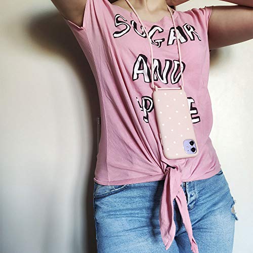 QULT Funda con Cuerda Compatible con iPhone 6 /6s Plus, iPhone 7/8 Plus Carcasa de movil con Colgante Cadena Suave Silicona Necklace Bumper Rosa Pastel Motivo Puntos Blancos