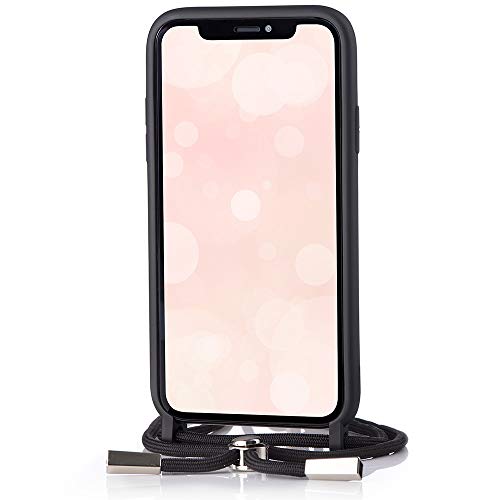 QULT Funda con Cuerda Compatible con iPhone XS MAX Carcasa de movil con Colgante Cadena Suave Silicona Necklace Bumper Case Negro Motivo Puntos Blancos
