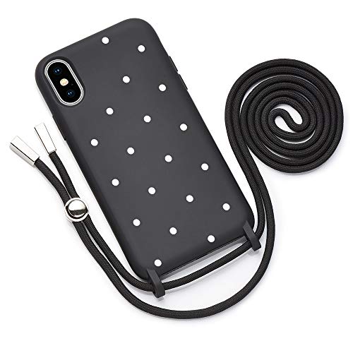 QULT Funda con Cuerda Compatible con iPhone XS MAX Carcasa de movil con Colgante Cadena Suave Silicona Necklace Bumper Case Negro Motivo Puntos Blancos
