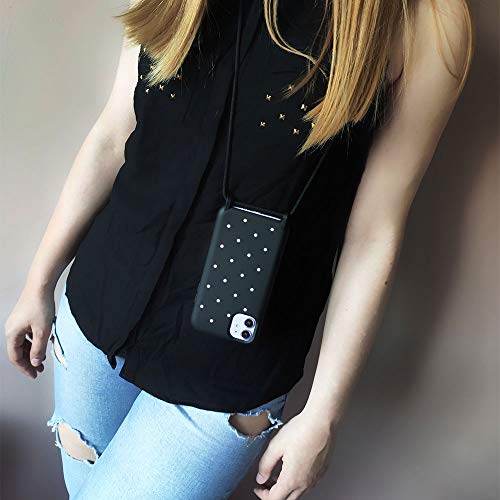 QULT Funda con Cuerda Compatible con iPhone XS MAX Carcasa de movil con Colgante Cadena Suave Silicona Necklace Bumper Case Negro Motivo Puntos Blancos