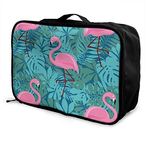 Qurbet Bolsas de Viaje, Pink Flamingos and Green Palm Leaves Pattern Overnight Carry On Luggage Waterproof Fashion Travel Bag Lightweight Suitcases