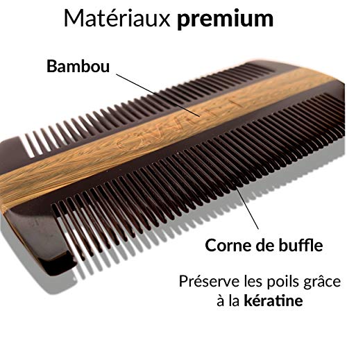 QWEET Premium Bicolor Cuerno de Búfalo y Peine de Madera de Bolsillo Doble cara 2 dientes de ancho Auténtico Cuerno Negro y Bambú para Barba de Bigote Peludo - Antiestático - Estuche de almacenamiento