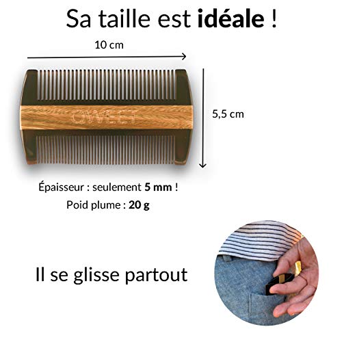 QWEET Premium Bicolor Cuerno de Búfalo y Peine de Madera de Bolsillo Doble cara 2 dientes de ancho Auténtico Cuerno Negro y Bambú para Barba de Bigote Peludo - Antiestático - Estuche de almacenamiento