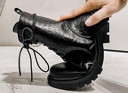 QXue - Botas de piel para mujer, resistente al agua, con cordones, punta redonda, material de fibra, apto para todas las ocasiones, forro de felpa negro, 4 Reino Unido