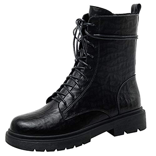 QXue - Botas de piel para mujer, resistente al agua, con cordones, punta redonda, material de fibra, apto para todas las ocasiones, forro de felpa negro, 4 Reino Unido