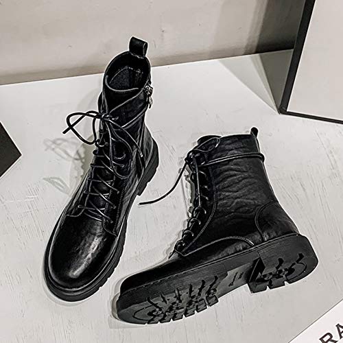 QXue - Botas de piel para mujer, resistente al agua, con cordones, punta redonda, material de fibra, apto para todas las ocasiones, forro de felpa negro, 4 Reino Unido