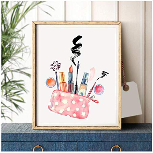 QYH Rosa de la Moda Cuadros Lienzo Pintura Adolescente niñas decoración de la habitación, Acuarela Vogue Carteles y Las Impresiones de Maquillaje habitación Regalos para ella-60X80 Cm sin Marco