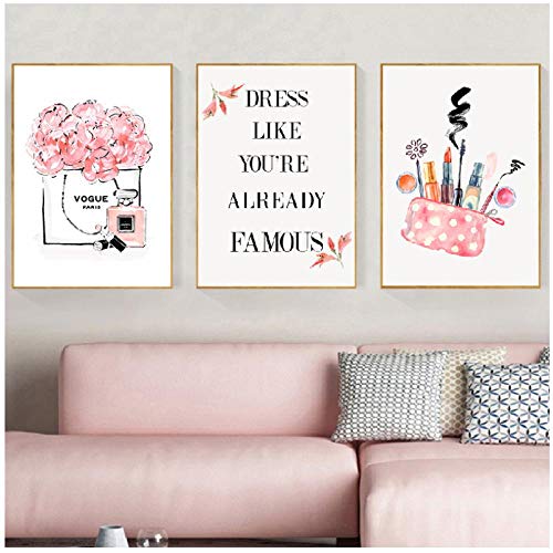 QYH Rosa de la Moda Cuadros Lienzo Pintura Adolescente niñas decoración de la habitación, Acuarela Vogue Carteles y Las Impresiones de Maquillaje habitación Regalos para ella-60X80 Cm sin Marco