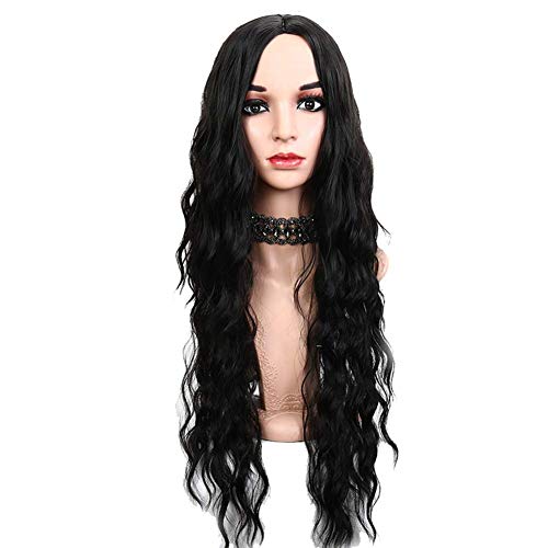 QYYDJsgl Peluca Ondulada de Pelo Largo y Rizado pequeño, Fibra química de Alta Temperatura, Color Negro Vino, Rojo y Rosa, para Boda, Fiesta, música, Transpirable, Color Negro