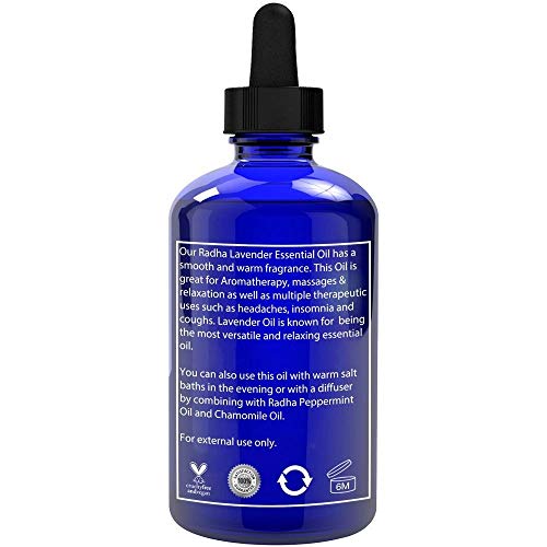 Radha Beauty - Aceite Esencial de Lavanda 120mL - Grado 100% natural y terapéutico, vapor destilado para aromaterapia, relajación, sueño, lavandería, alivio del estrés y la ansiedad, meditación, masajes, dolores de cabeza