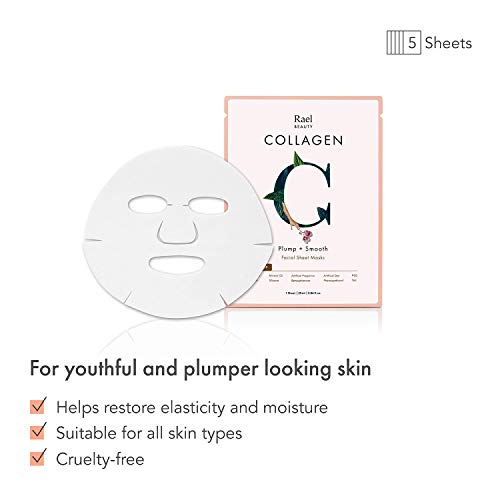 Rael Youth Island Máscara facial con colágeno (5 hojas): mascarilla reafirmante y lifting para pieles finas, arrugas y envejecimiento. Lo mejor para la piel con signos de envejecimiento prematuro.