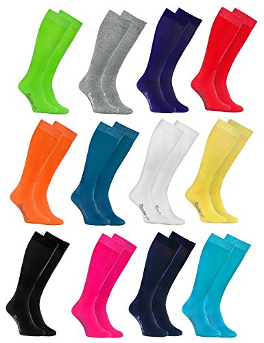 Rainbow Socks - Hombre Mujer Altos Calcetines Largos Hasta de Rodilla de Algodón - 12 Pares - Blanco Gris Negro Turquesa Azul Azul Marino Verde Rojo Amarillo Naranja Rosa - Talla 36-38
