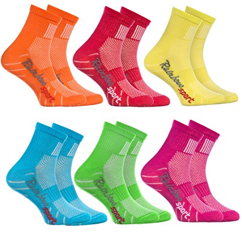 Rainbow Socks - Niño Niña Calcetines Deporte Colores Algodón - 6 Pares - Naranja Rojo Amarillo Azul Verde Rosa - Talla 30-35