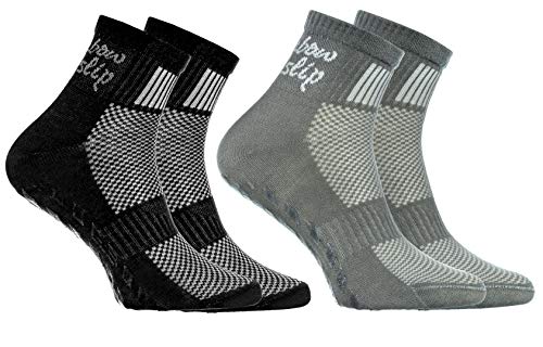 Rainbow Socks - Niño Niña Deporte Calcetines Antideslizantes ABS de Algodón - 2 Pares - Negro Gris - Talla 24-29
