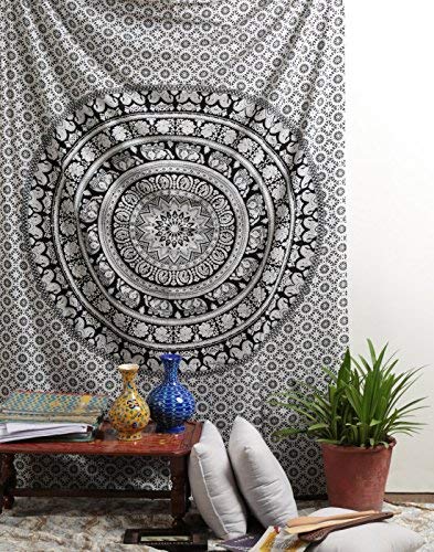 RAJRANG BRINGING RAJASTHAN TO YOU Tapiz Mandala Colgar en la Pared - Black and White Tapices Decorativo Cubierta Decorativa Casera Etnica India Tapestry - Blanco y Negro - 213 x 137 cm