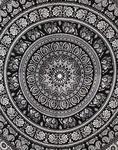 RAJRANG BRINGING RAJASTHAN TO YOU Tapiz Mandala Colgar en la Pared - Black and White Tapices Decorativo Cubierta Decorativa Casera Etnica India Tapestry - Blanco y Negro - 213 x 137 cm