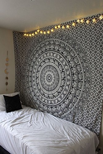 RAJRANG BRINGING RAJASTHAN TO YOU Tapiz Mandala Colgar en la Pared - Black and White Tapices Decorativo Cubierta Decorativa Casera Etnica India Tapestry - Blanco y Negro - 213 x 137 cm