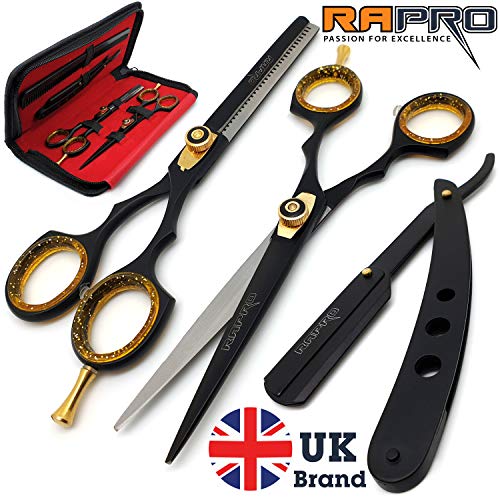 RAPRO RP-SS-01 - Tijeras profesionales para peluquería incluye tijeras de peluquería, tijeras de entresacar, maquinilla de afeitar con peine para el pelo y estuche tijeras