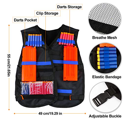 RATEL Kit de Chaleco Táctico para Niños, 37pcs Traje de chaqueta para N-Strike Elite Series con 30 piezas de espuma Dardos + 2 Quick Reload Clips + 1 Gafas protectoras + 1 Máscara + 2 muñequera