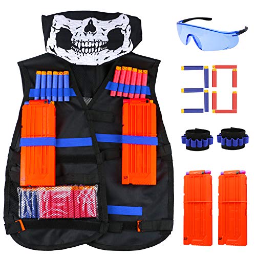 RATEL Kit de Chaleco Táctico para Niños, 37pcs Traje de chaqueta para N-Strike Elite Series con 30 piezas de espuma Dardos + 2 Quick Reload Clips + 1 Gafas protectoras + 1 Máscara + 2 muñequera
