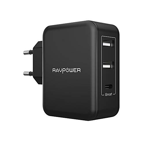 RAVPower Cargador Movil USB 3 Puertos 5V/3A Cargador Red de Pared con 2 Puertos iSmart y Puerto Tipo C Compatible con iPhone 11 Pro MAX XS MAX XR X 8 Plus iPad Pro Air Mini Samsung LG Huaiwei Xiaomi