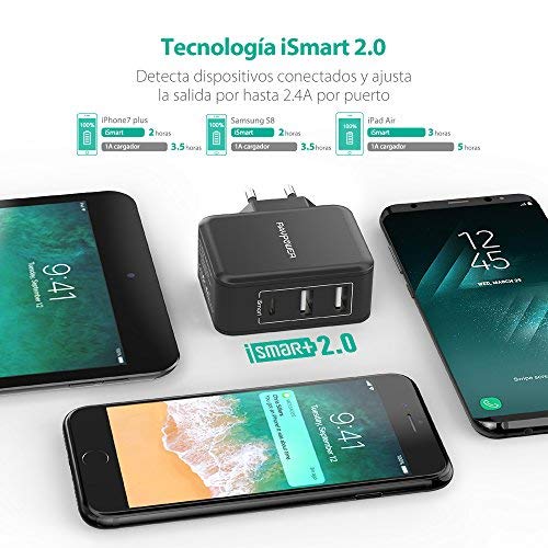 RAVPower Cargador Movil USB 3 Puertos 5V/3A Cargador Red de Pared con 2 Puertos iSmart y Puerto Tipo C Compatible con iPhone 11 Pro MAX XS MAX XR X 8 Plus iPad Pro Air Mini Samsung LG Huaiwei Xiaomi