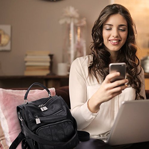 RAVUO Bolso Mochila Mujer,Impermeable Mochila Cuero PU 3 Maneras Mochilas de Moda Bolso de Hombro de Señoras Negro