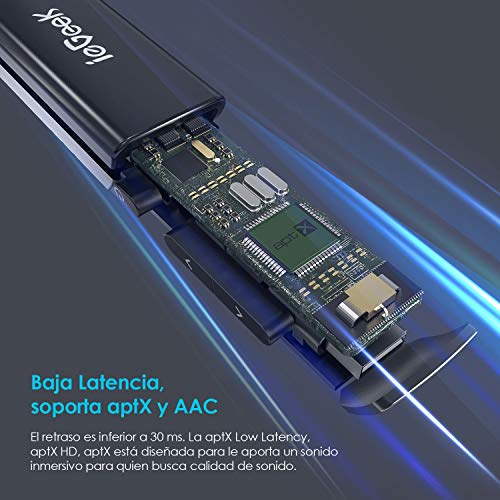 Receptor Bluetooth 5.0 aptX, ieGeek Jack 3,5 mm Adaptador de Audio Inalámbrico Hi-Fi Baja latencia Streaming Soporte Llamada Manos Libres y Altavoz, Conecta 2 Dispositivos Simultáneamente, Negro