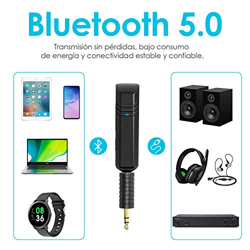 Receptor Bluetooth 5.0 aptX, ieGeek Jack 3,5 mm Adaptador de Audio Inalámbrico Hi-Fi Baja latencia Streaming Soporte Llamada Manos Libres y Altavoz, Conecta 2 Dispositivos Simultáneamente, Negro