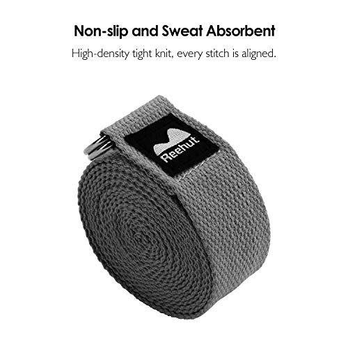 REEHUT Correa para Yoga - Cinturón con Hebilla Metal D-Anillos de Poliéster Algodón Resistente para Ejercicios de Estiramiento, Fitness, Pilates y Flexibilidad (Gris,1.8m,6ft)