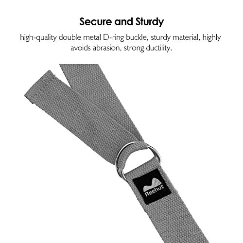 REEHUT Correa para Yoga - Cinturón con Hebilla Metal D-Anillos de Poliéster Algodón Resistente para Ejercicios de Estiramiento, Fitness, Pilates y Flexibilidad (Gris,1.8m,6ft)