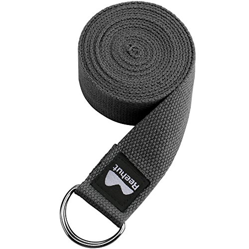 REEHUT Correa para Yoga - Cinturón con Hebilla Metal D-Anillos de Poliéster Algodón Resistente para Ejercicios de Estiramiento, Fitness, Pilates y Flexibilidad (Gris,1.8m,6ft)