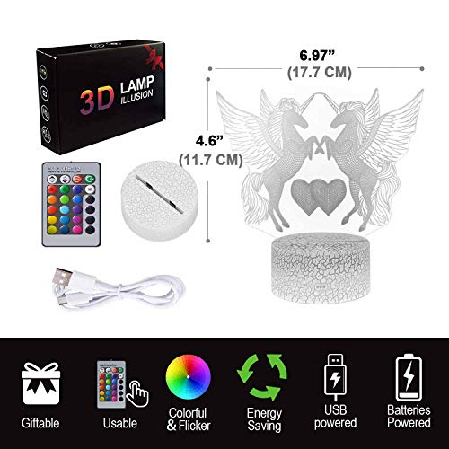 Regalo de Unicornio Luz de Noche para Niños, Lámpara de Luz 3D 7 Colores Cambian con Control Remoto, Ideas de Festivo y Regalos para Niños Niñas y Adultos (unicornio3)