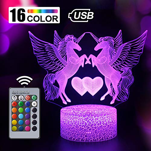 Regalo de Unicornio Luz de Noche para Niños, Lámpara de Luz 3D 7 Colores Cambian con Control Remoto, Ideas de Festivo y Regalos para Niños Niñas y Adultos (unicornio3)