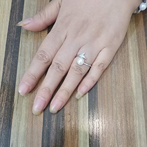 regalo del día de la madre ELAINZ HEART anillos de perlas de plata de mujer de moda de ley ajustables para novia,La Sirena anillo de plate 925 de finos 7-8mm perla blanca