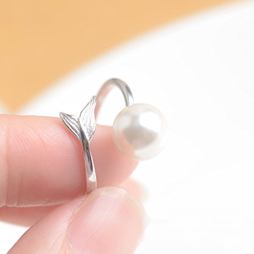 regalo del día de la madre ELAINZ HEART anillos de perlas de plata de mujer de moda de ley ajustables para novia,La Sirena anillo de plate 925 de finos 7-8mm perla blanca