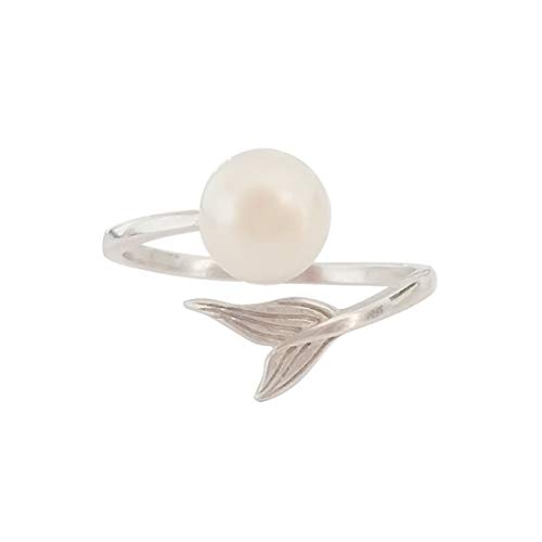 regalo del día de la madre ELAINZ HEART anillos de perlas de plata de mujer de moda de ley ajustables para novia,La Sirena anillo de plate 925 de finos 7-8mm perla blanca