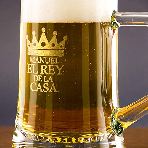 Regalo Original para Hombre: Jarra de Cerveza de Cristal para 'el Rey de la casa' Personalizada con Nombre, cumpleaños o el Día del Padre