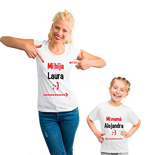 Regalo Personalizable para Madres: Pack de Camiseta para mamá + Camiseta para Hijo/a o Body para bebé 'Mi mamá' Personalizados con Sus Nombres