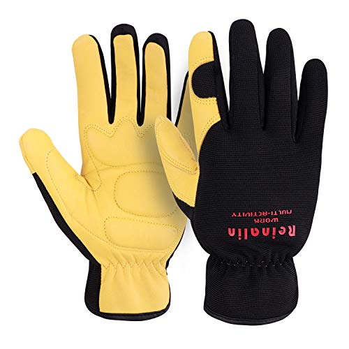 Reinalin Guantes de Trabajo de Seguridad de Cuero de Cabra,Guantes de Jardín con Muñeca Elástica,Guantes de Agarre para Jardinería/Construcción/Reparación (L)