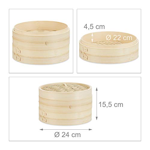 Relaxdays Cesta Vaporera de 2 Niveles, Bambú, Beige, 15.5 x 24 x 24 cm