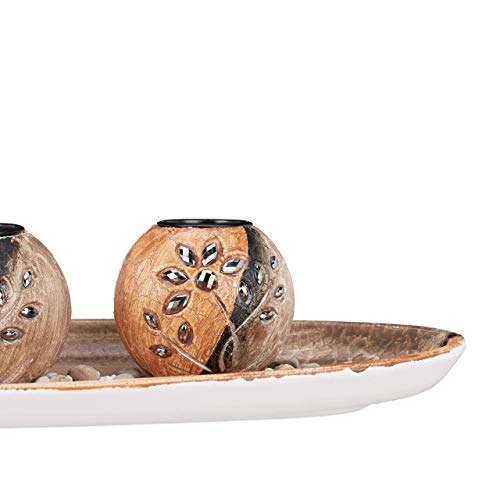 Relaxdays Portavelas con Cuenco Decorativo Redondo y Velas Pequeñas, DM-Arena, Marrón, 51,5 cm de Largo