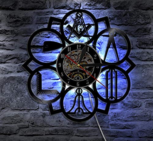 Reloj de Pared con Logotipos masónicos con iluminación LED Gratis Mason Vintage Vinyl Record Clock Reloj de Pared Decoración para el hogar Masonic Wall Sign