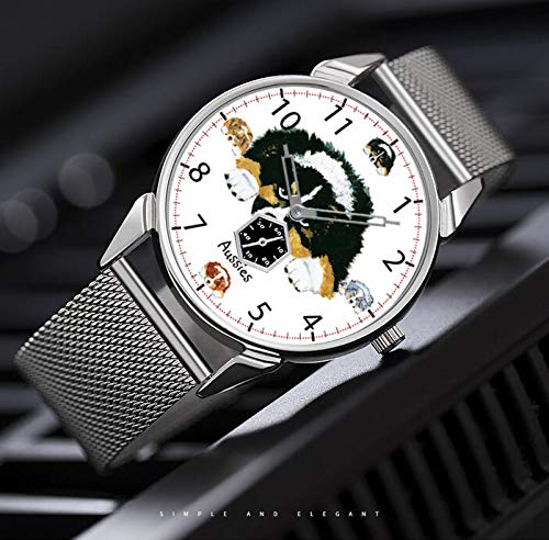 Reloj de pulsera para hombre de acero inoxidable plateado, resistente al agua, marca Top, Australian Shepherd Puppy Childs Beezel
