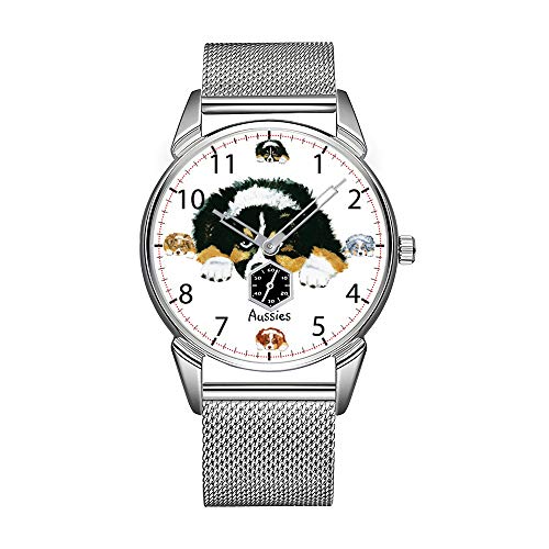 Reloj de pulsera para hombre de acero inoxidable plateado, resistente al agua, marca Top, Australian Shepherd Puppy Childs Beezel