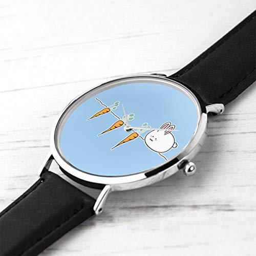 Reloj de Pulsera Unisex con diseño de Conejo de Pascua y Zanahorias, de Cuarzo, con Correa de Piel Negra, para Hombres y Mujeres, colección Joven, Regalo