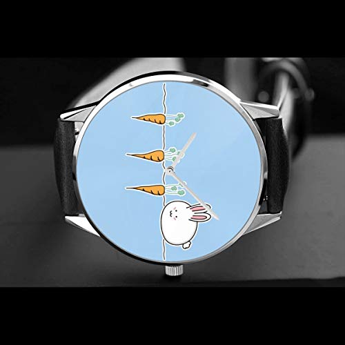 Reloj de Pulsera Unisex con diseño de Conejo de Pascua y Zanahorias, de Cuarzo, con Correa de Piel Negra, para Hombres y Mujeres, colección Joven, Regalo