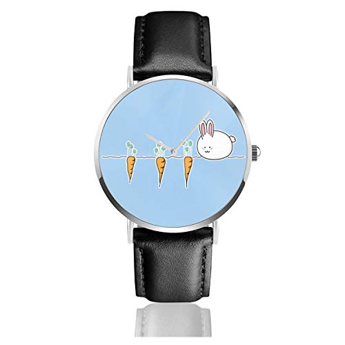 Reloj de Pulsera Unisex con diseño de Conejo de Pascua y Zanahorias, de Cuarzo, con Correa de Piel Negra, para Hombres y Mujeres, colección Joven, Regalo