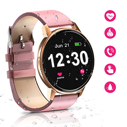 Reloj Inteligente Bluetooth para Mujeres, IP68 a Prueba de Agua con Pantalla táctil Completa de, Monitor de Ritmo cardíaco, podómetro de Seguimiento de Actividad para Android e iOS (Rosa)