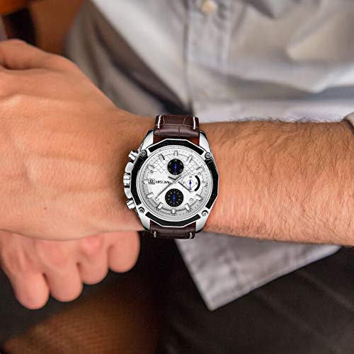 Relojes Hombre Relojes de Pulsera Marea Cronometro Impermeable Fecha Calendario Analogicos Cuarzo Relojes de Hombre Deportivo Casual Clásicos Multifunción con Correa de Cuero (Marrón)